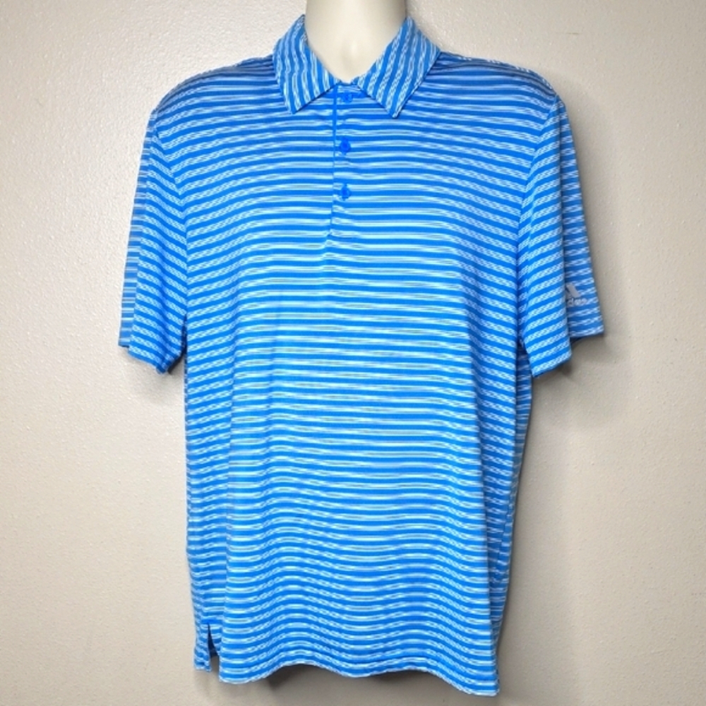 Adidas Blue and White Polo Golf Shirt Classic Striped Design Large